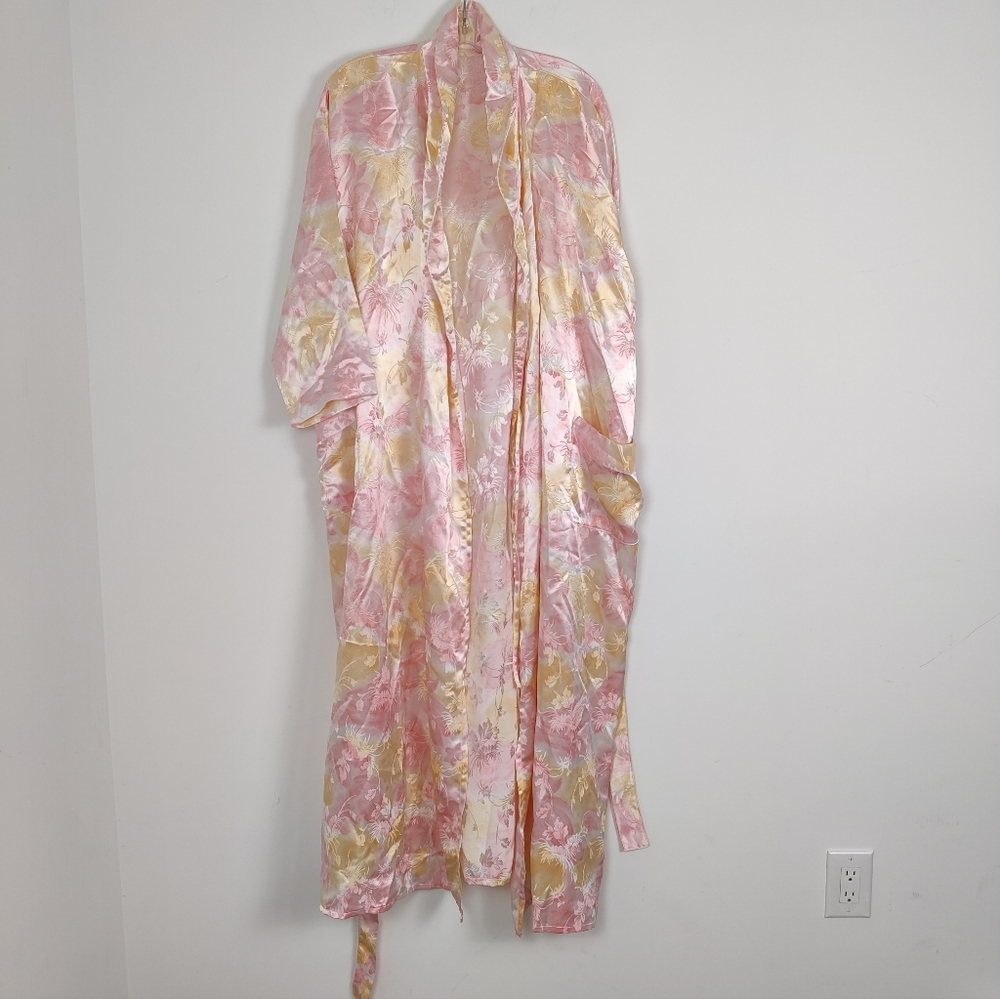 Women's Satin Maxi Robe Yellow Pink Floral Jacquard One Size